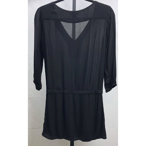 H&M V Neck Tunic Top Women 4 Black Semi-Sheer 3/4 Sleeves Blouse Keyhole Flowy - Picture 2 of 9
